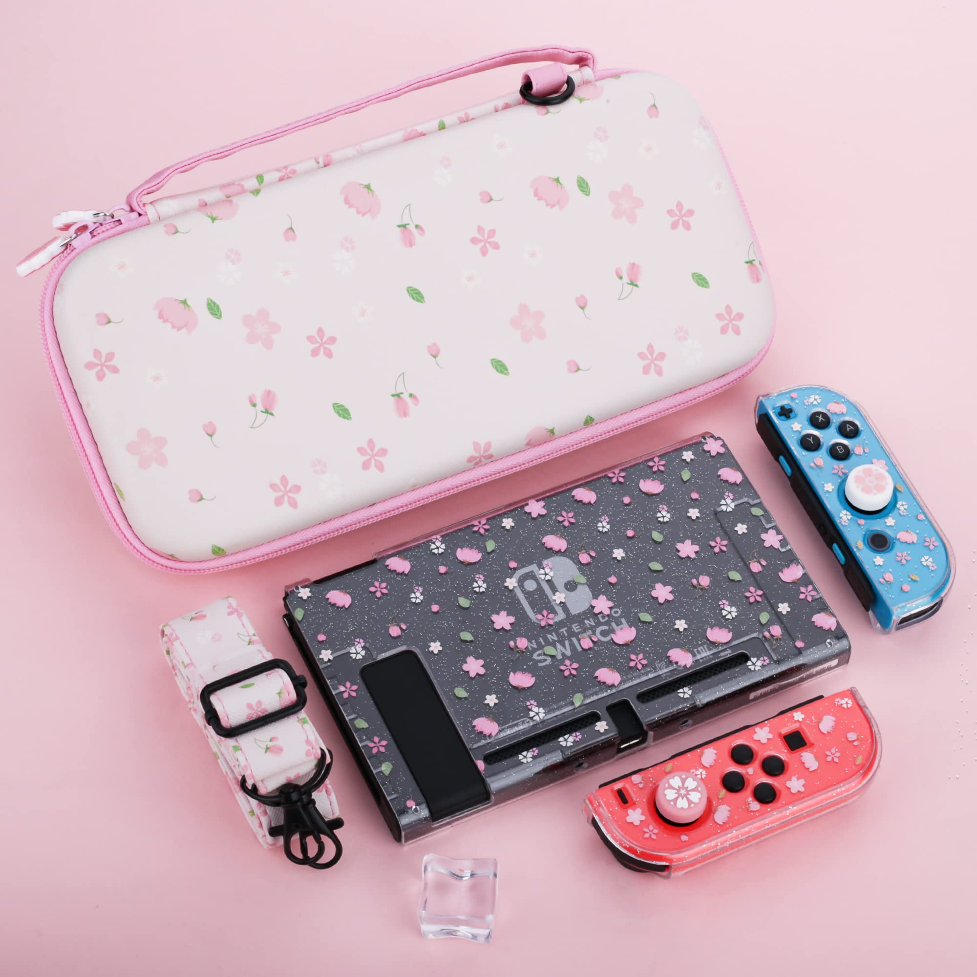 RHOTALL Sakura Pink Carrying Case Set for Nintendo Switch, Cute Cherry Blossom Storage Bag for Switch Accessories with Protective Case, Screen Protector, Adjustable Shoulder Strap and 2 Thumb Cap