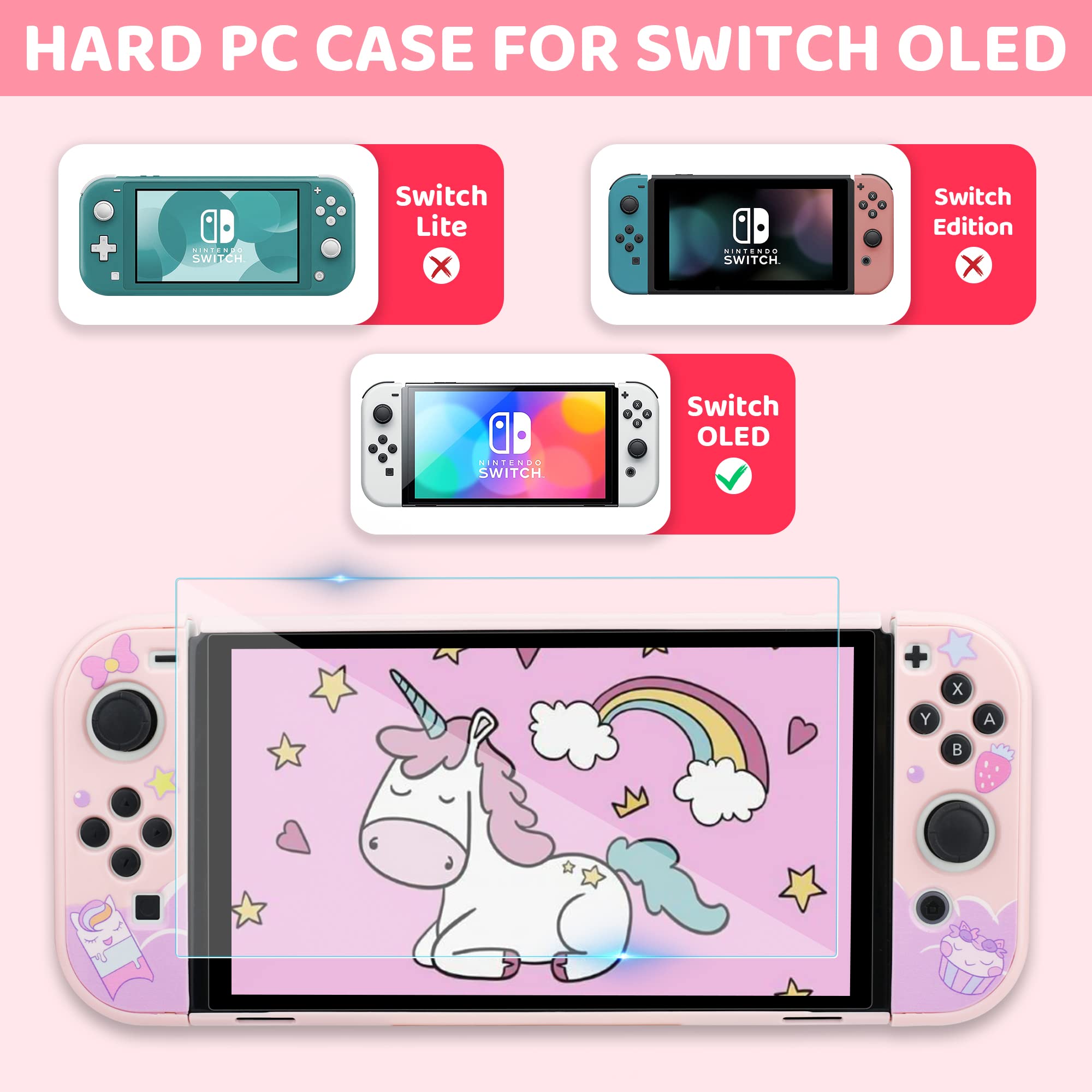 GLDRAM Carrying Case Compatible with Nintendo Switch OLED Cover, Pink Unicorn Case Bundle with Travel Case, Hard PC Shell, Screen Protector, Thumb Caps, Shoulder Strap, Cute Accessories Kit for Girls