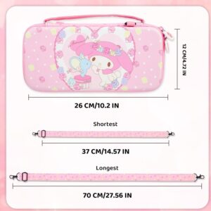 RHOTALL Cute Bunny Carrying Case for Nintendo Switch, Pink Potable Travel Case Accessories Bundle for Switch with Protective Shell, Shoulder Strap, Game Card Case, Screen Protector and 2 Thumb Caps