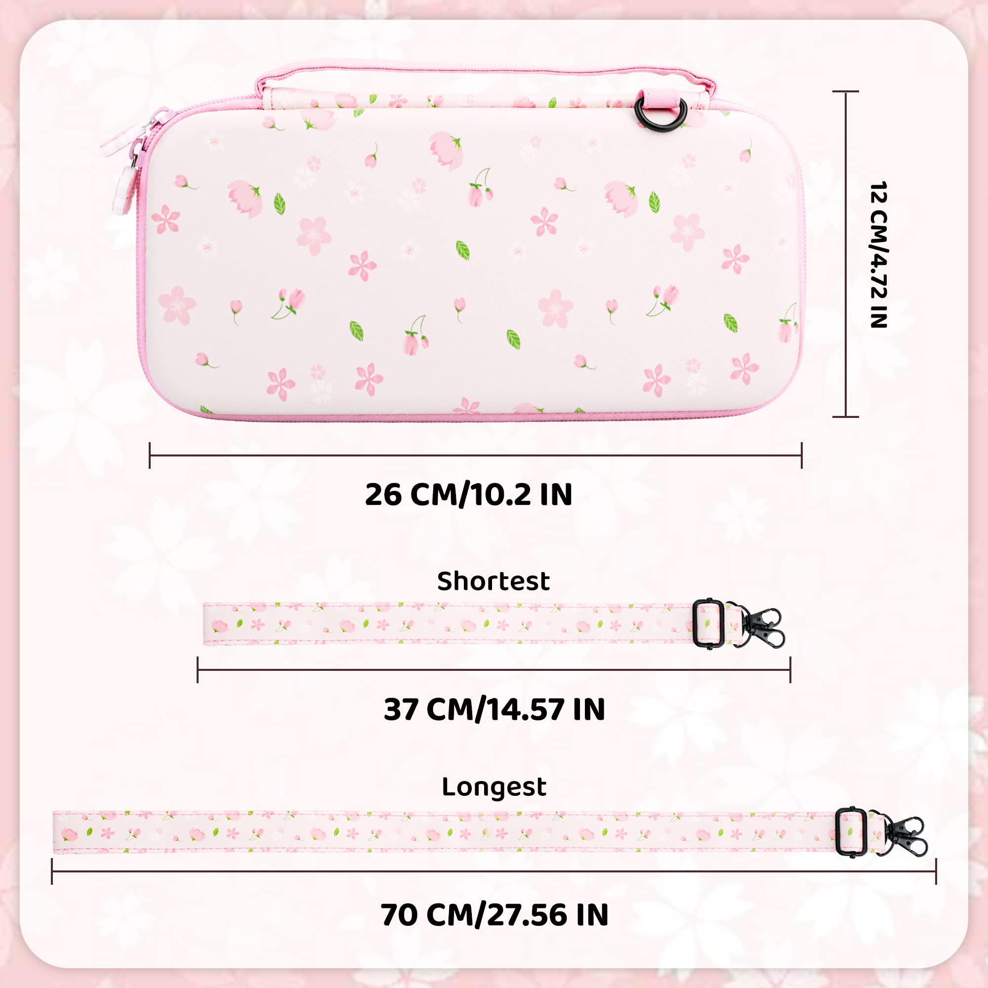 RHOTALL Sakura Pink Carrying Case Set for Nintendo Switch, Cute Cherry Blossom Storage Bag for Switch Accessories with Protective Case, Screen Protector, Adjustable Shoulder Strap and 2 Thumb Cap