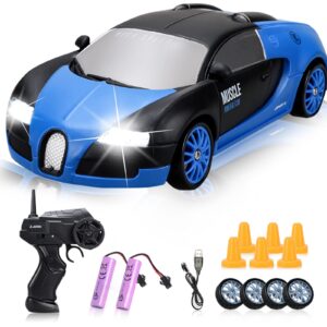 yuan plan rc drift car, 1:24 remote control blue high speed race drifting cars, 2.4ghz 4wd electric sport racing hobby toy car with headlight and double batteries for boys and girls adults