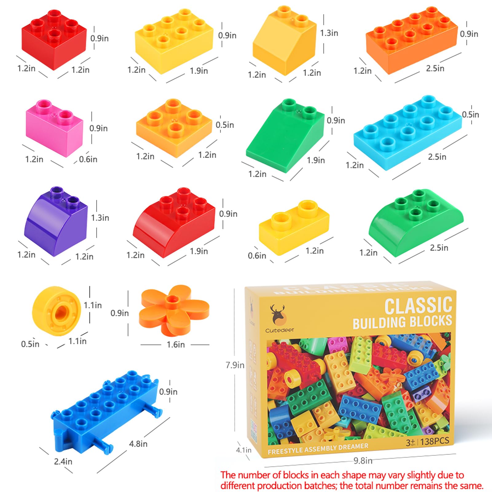 Cutedeer 138 Piece Building Blocks for Kids Toddlers, Classic Big Bricks Set Compatible with All Major Brands, STEM Large Building Toys with Gift Box for All Ages Boys Girls