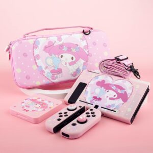 RHOTALL Cute Bunny Carrying Case for Nintendo Switch, Pink Potable Travel Case Accessories Bundle for Switch with Protective Shell, Shoulder Strap, Game Card Case, Screen Protector and 2 Thumb Caps