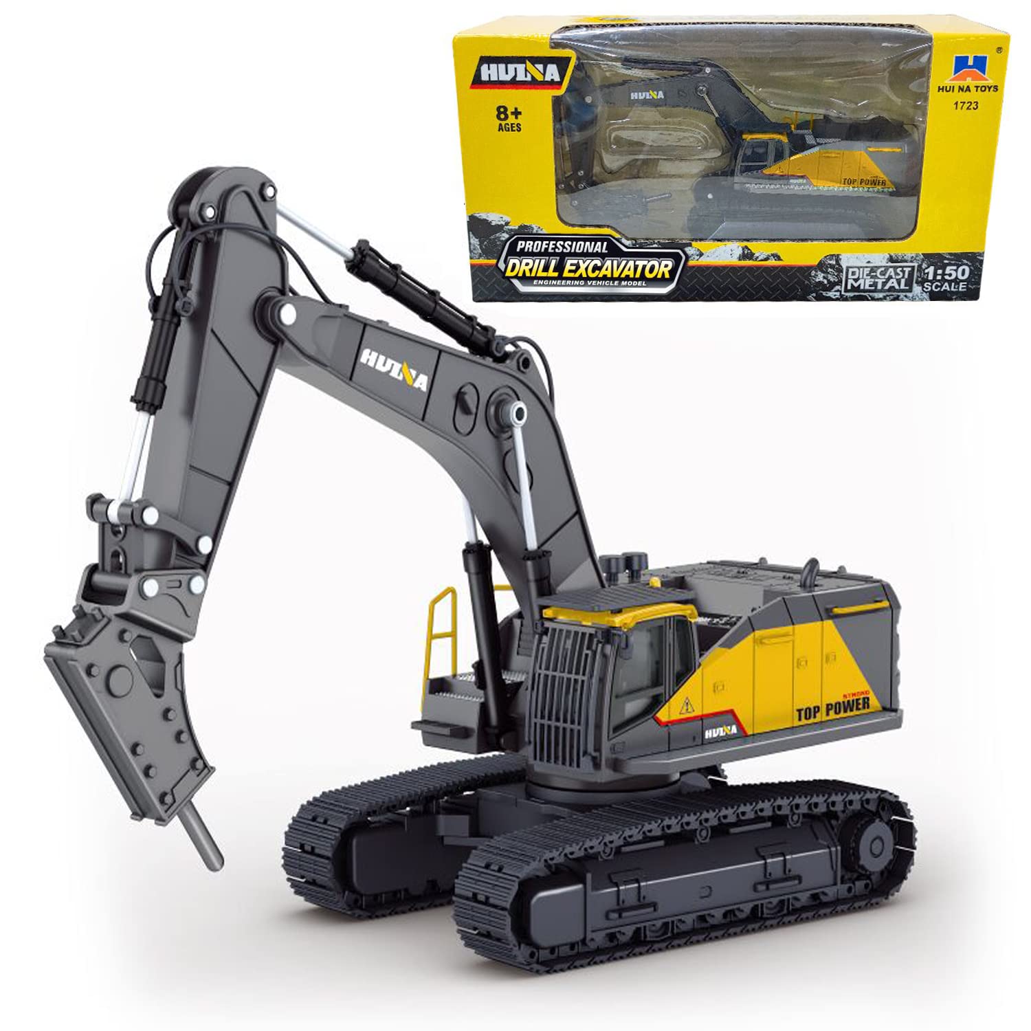 Gemini&Genius Drill Excavator Toy for Kids, 1:50 Scale Impact Hammer Excavator Construction Vehicle Toy, Demolition Machine-Tracked Driller, Engineering Car Great Toys and Gifts (Yellow)