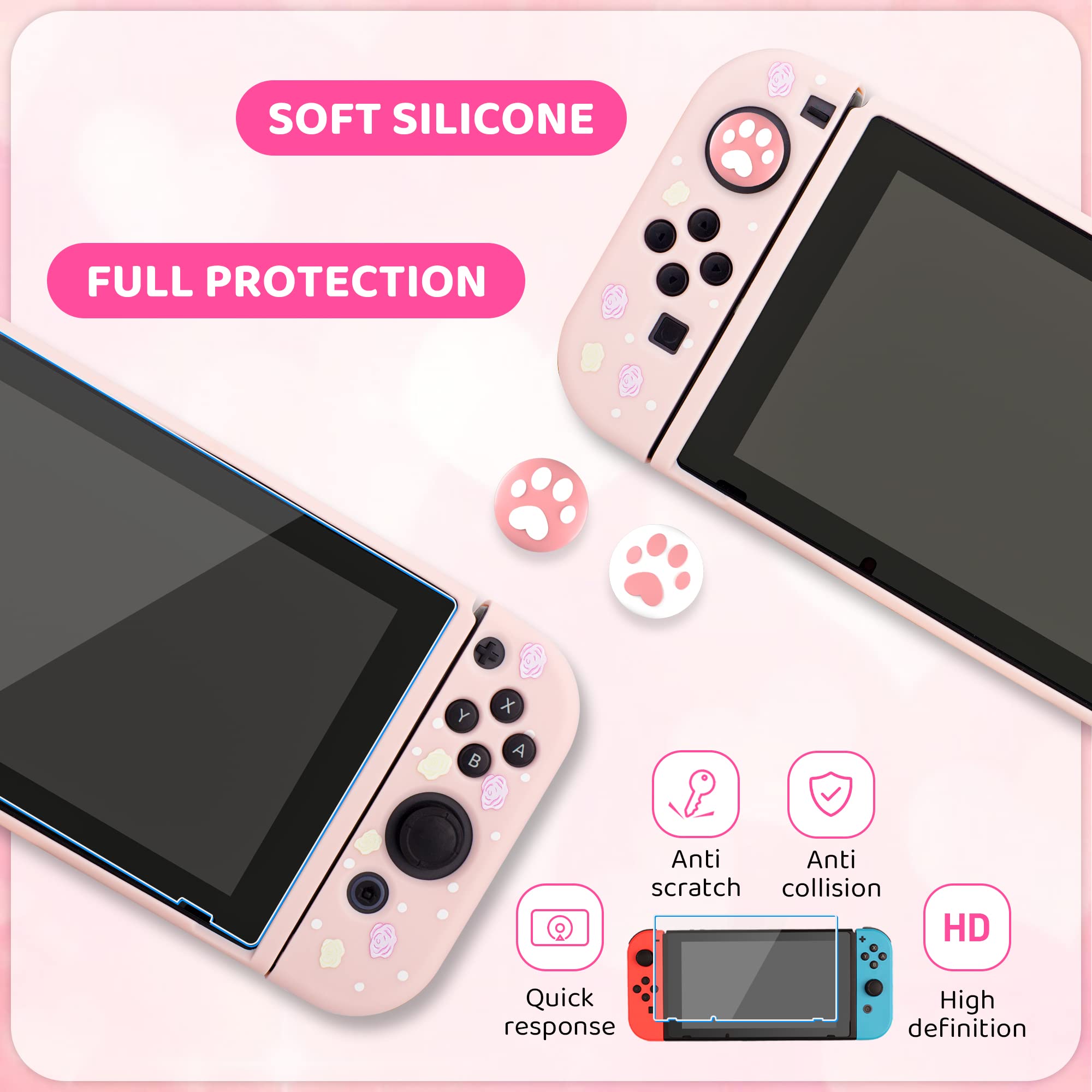 RHOTALL Cute Bunny Carrying Case for Nintendo Switch, Pink Potable Travel Case Accessories Bundle for Switch with Protective Shell, Shoulder Strap, Game Card Case, Screen Protector and 2 Thumb Caps