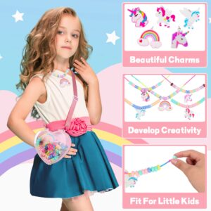 FLYINGSEEDS Unicorn Jewelry Making Kit, 5 Rubber Necklaces and Charms with 100 Big Holes Beads Toy Set, Beading Arts and Crafts, Ideal Gifts for Girls Preschoolers Toddlers Kids Age 3 4 5 6 7 8 9 10