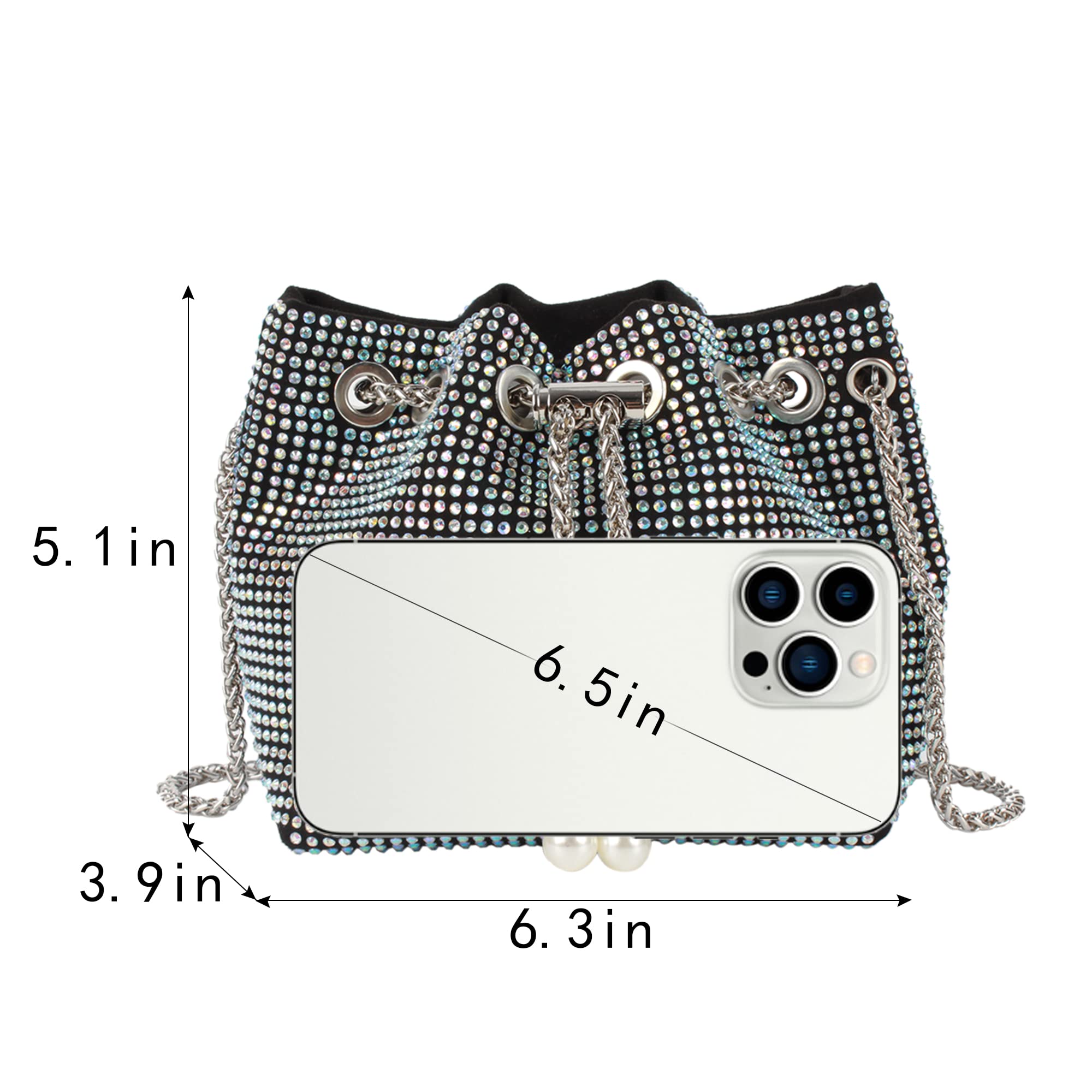 Hyuyikuwol Women Rhinestones Crystal Clutch Drawstring Bucket Bag Mini Evening Bags Crossbody Purses Pearl Party Prom Wedding, Blue