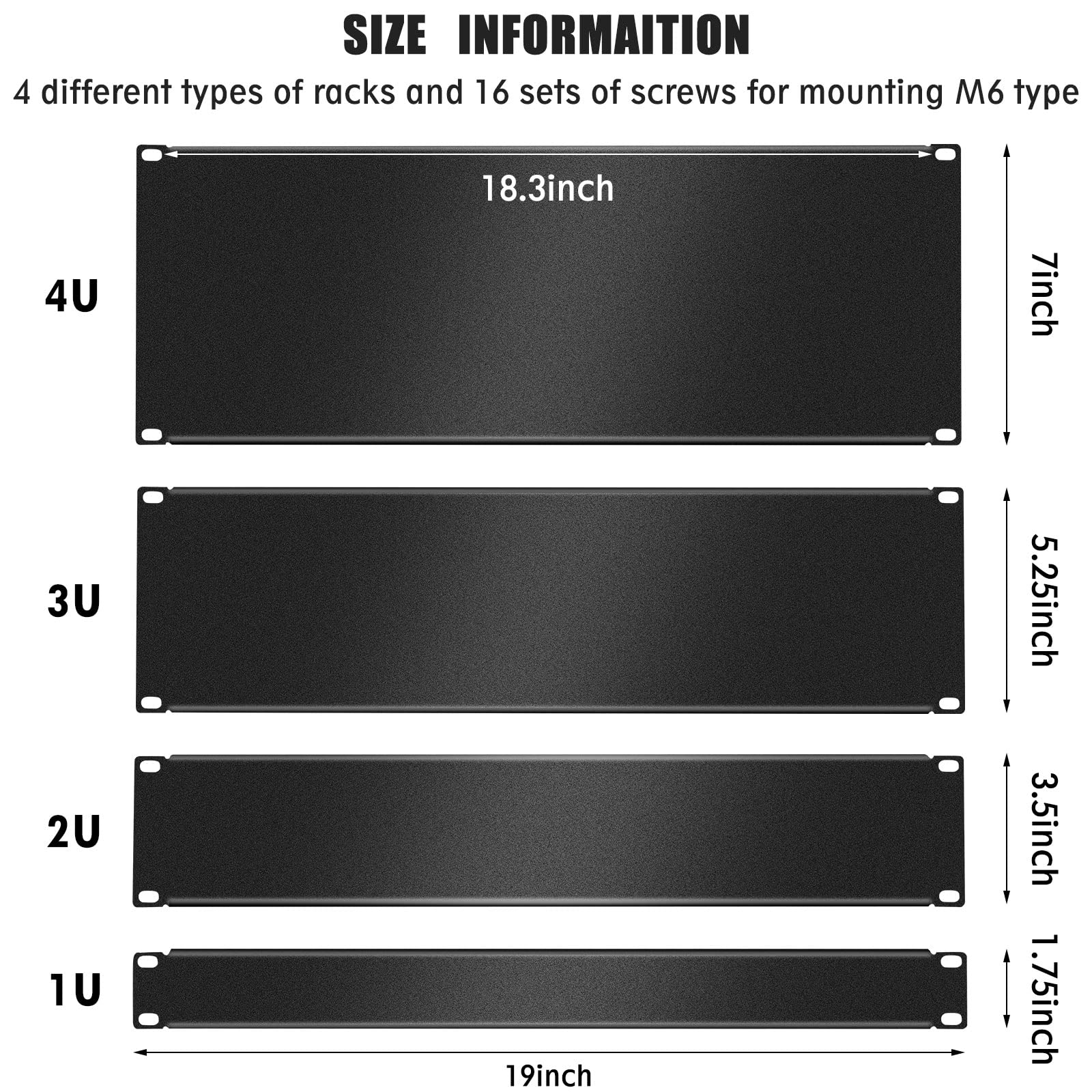 4 Pack 1U/2U/3U/4U Blank Panel 1U Blanking Panel Metal Disassembled Blank Panel Rack Mount Filler Panel for Server Rack Enclosure or Network Cabinet, Black, 4 Size