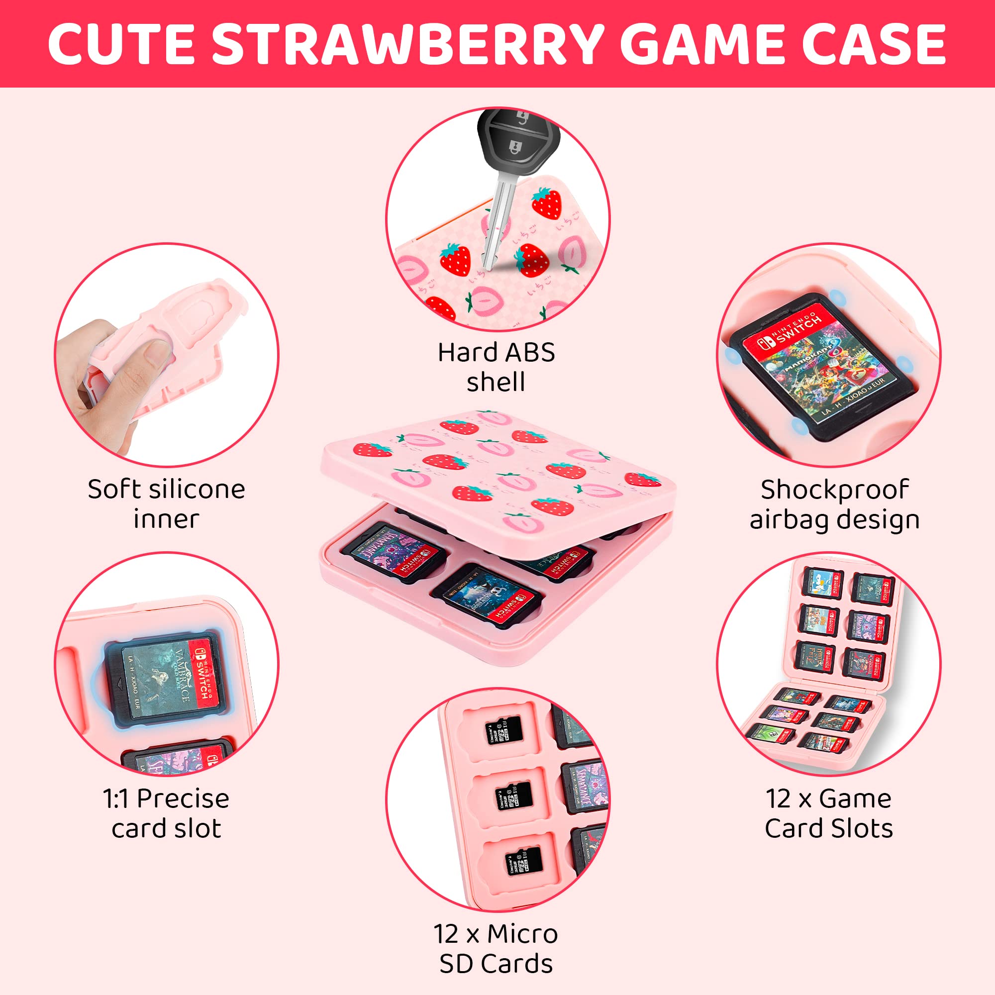 GLDRAM Pink Strawberry Carrying Case Bundle for Nintendo Switch Accessories, Cute Travel Case Kit with Soft TPU Cover, Game Case, Glass Screen Protector, Thumb Grip Caps, Shoulder Strap for Girls