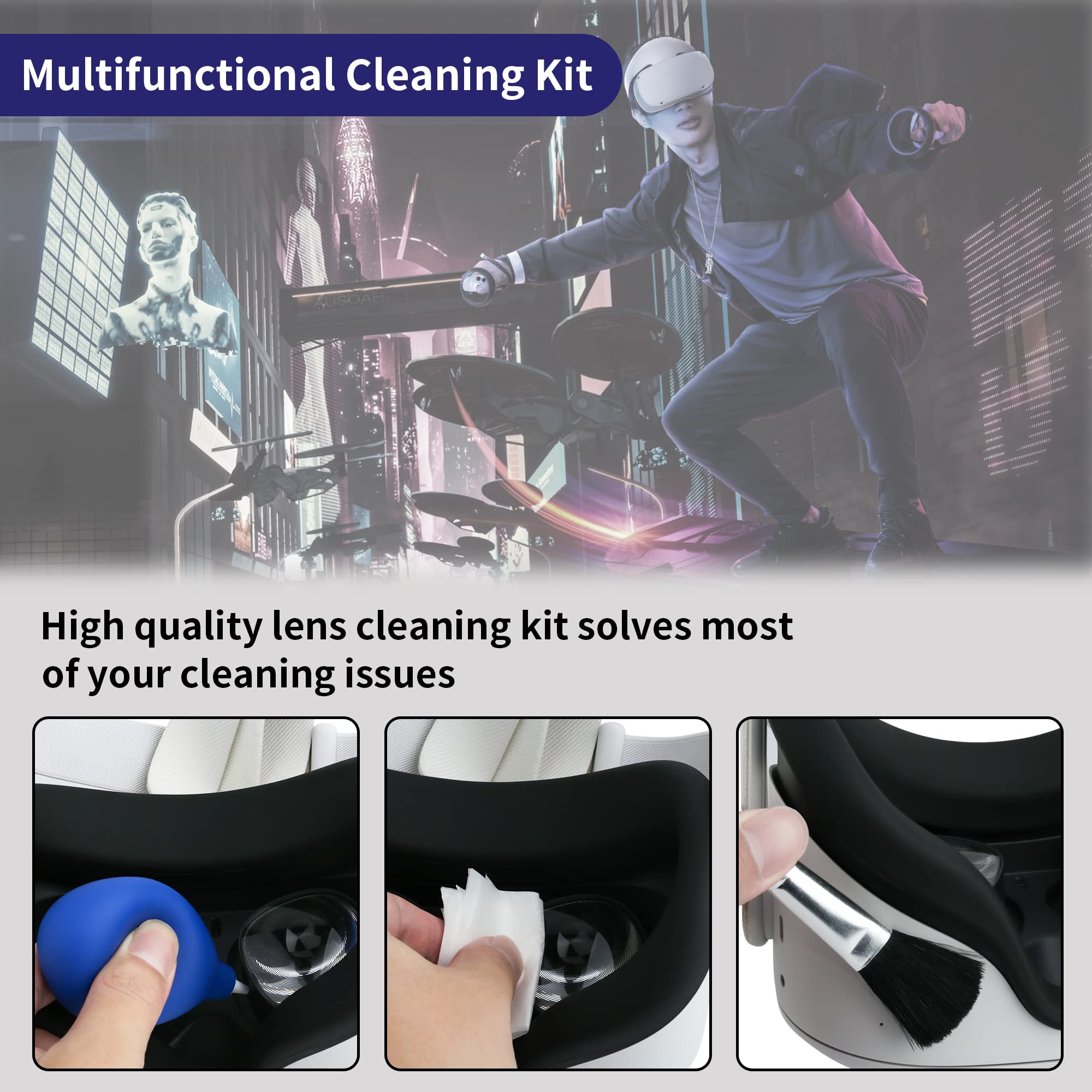 FANPL VR Cleaning Kit for Oculus Quest 2 and Quest 3, VR Lens & Controllers & Headset Cleaner Kit for Mate Oculus Quest with Carrying Case, Lens Cover, Thumb Grips, Lens Pen Cleaner Kit, Cleaning Dust