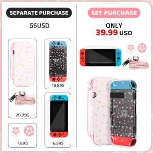 RHOTALL Sakura Pink Carrying Case Set for Nintendo Switch, Cute Cherry Blossom Storage Bag for Switch Accessories with Protective Case, Screen Protector, Adjustable Shoulder Strap and 2 Thumb Cap