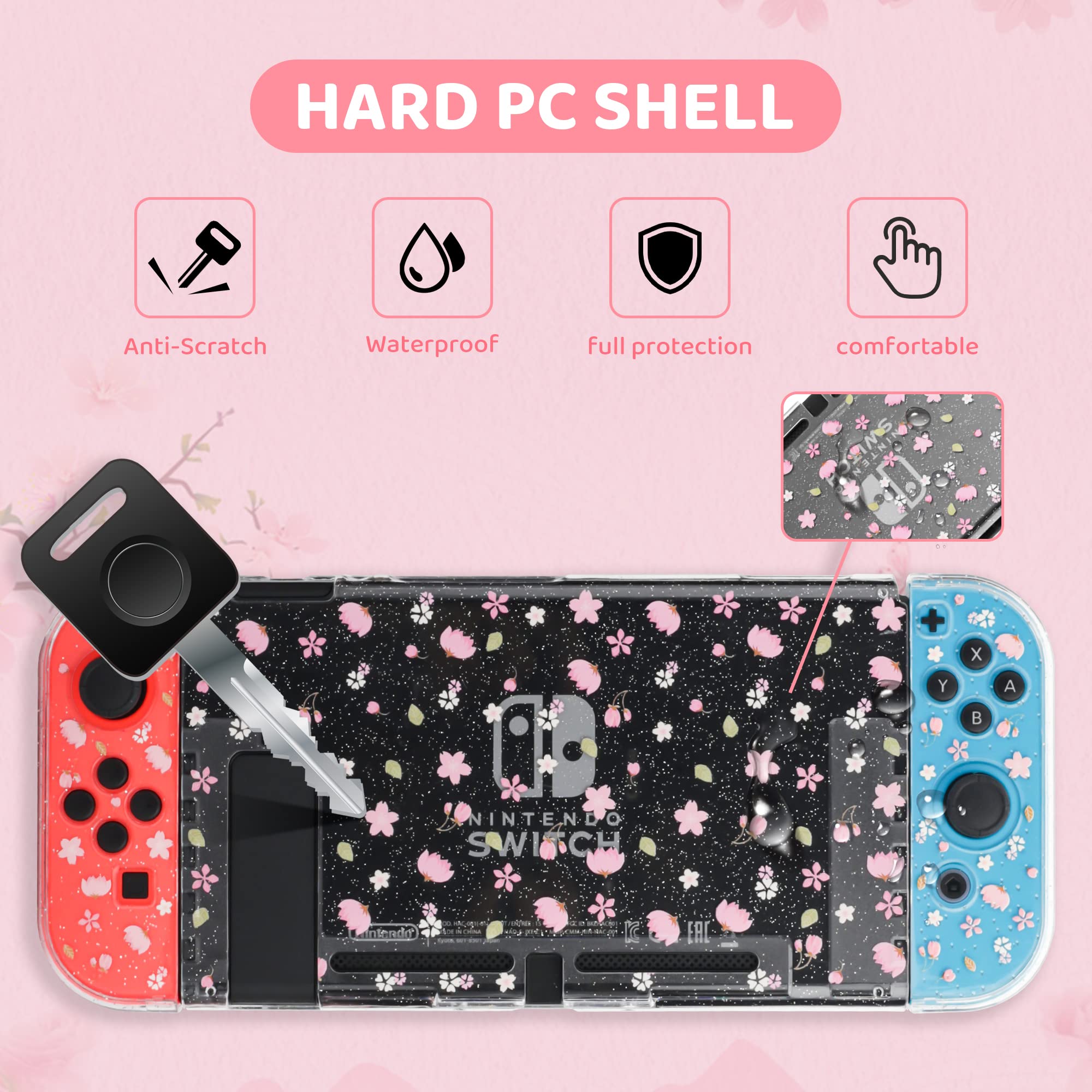 FANPL Cute Carrying Case Bundle for Nintendo Switch Case, Pink Switch Case Accessories Kit with Flower Hard Travel Case, Glitter Sakura PC Cover, Adjustable Strap, Screen Protector, Thumb Grip Caps