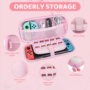 FANPL Cute Carrying Case Bundle for Nintendo Switch Case, Pink Switch Case Accessories Kit with Flower Hard Travel Case, Glitter Sakura PC Cover, Adjustable Strap, Screen Protector, Thumb Grip Caps