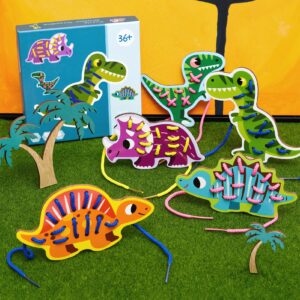 Atoylink 5 Pack Dinosaur Lacing Cards Wooden Threading Lacing Toy for Toddlers Travel Toys Preschool Games Fine Motor Skills Educational Toys for 3+ Year Old Kids Gifts