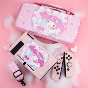 GLDRAM Pink Carrying Case for Nintendo Switch, Cute Anime Accessories Bundle for Cute Girl with Switch Travel Storage, Soft TPU Cover Shell, Screen Protector, Thumb Caps, Shoulder Strap for Girls