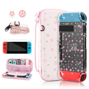 RHOTALL Sakura Pink Carrying Case Set for Nintendo Switch, Cute Cherry Blossom Storage Bag for Switch Accessories with Protective Case, Screen Protector, Adjustable Shoulder Strap and 2 Thumb Cap