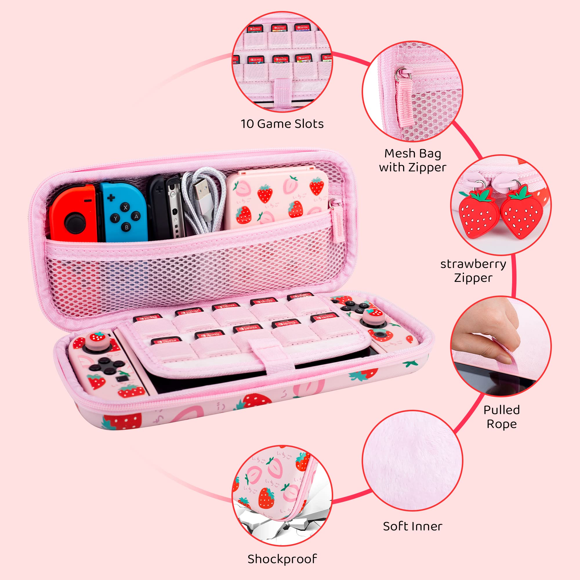 GLDRAM Pink Strawberry Carrying Case Bundle for Nintendo Switch Accessories, Cute Travel Case Kit with Soft TPU Cover, Game Case, Glass Screen Protector, Thumb Grip Caps, Shoulder Strap for Girls