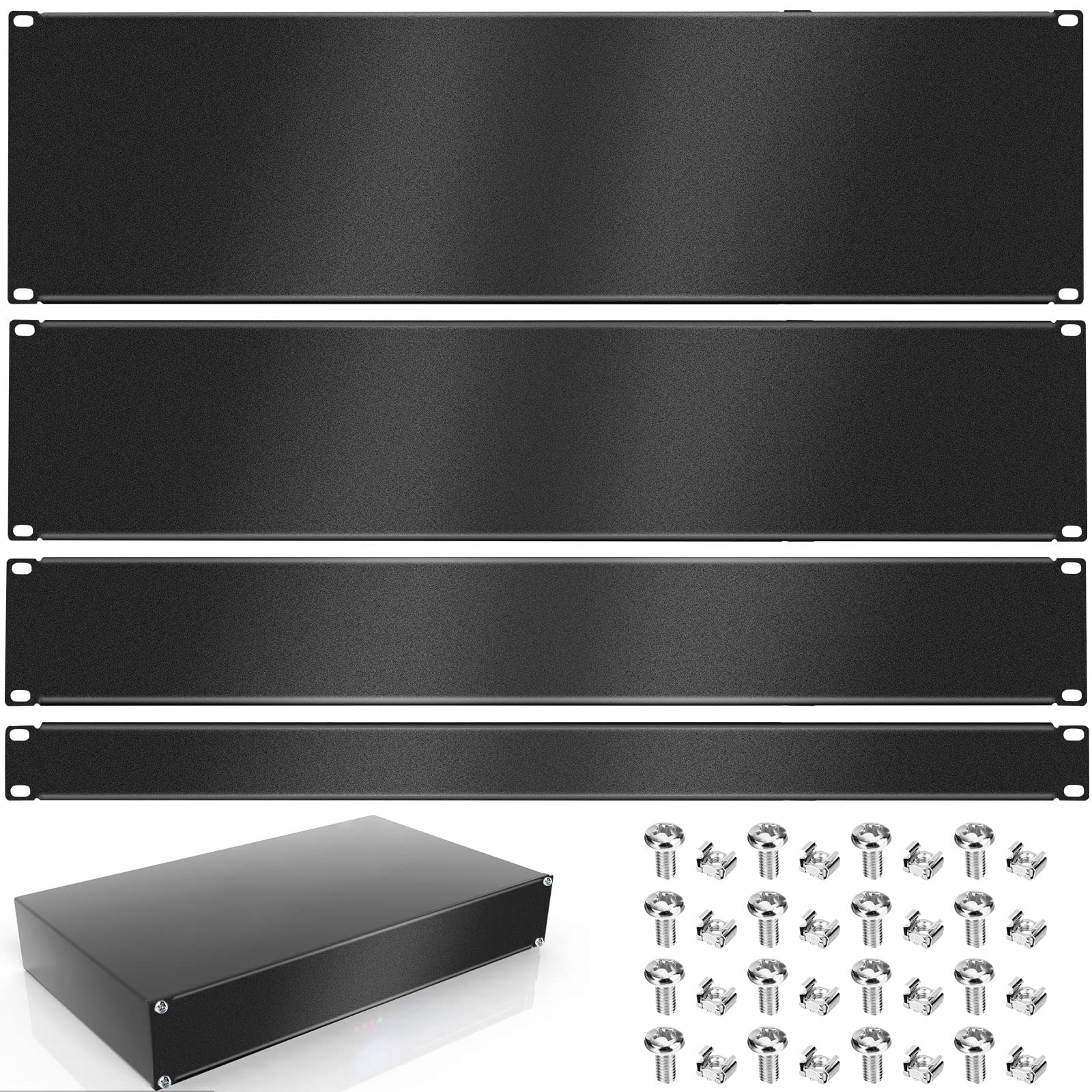 4 Pack 1U/2U/3U/4U Blank Panel 1U Blanking Panel Metal Disassembled Blank Panel Rack Mount Filler Panel for Server Rack Enclosure or Network Cabinet, Black, 4 Size