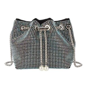 Hyuyikuwol Women Rhinestones Crystal Clutch Drawstring Bucket Bag Mini Evening Bags Crossbody Purses Pearl Party Prom Wedding, Blue