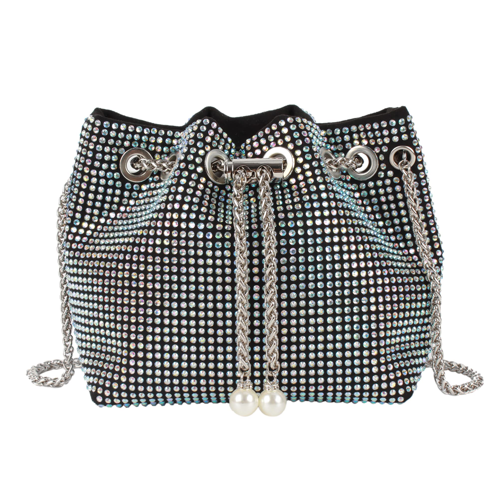 Hyuyikuwol Women Rhinestones Crystal Clutch Drawstring Bucket Bag Mini Evening Bags Crossbody Purses Pearl Party Prom Wedding, Blue