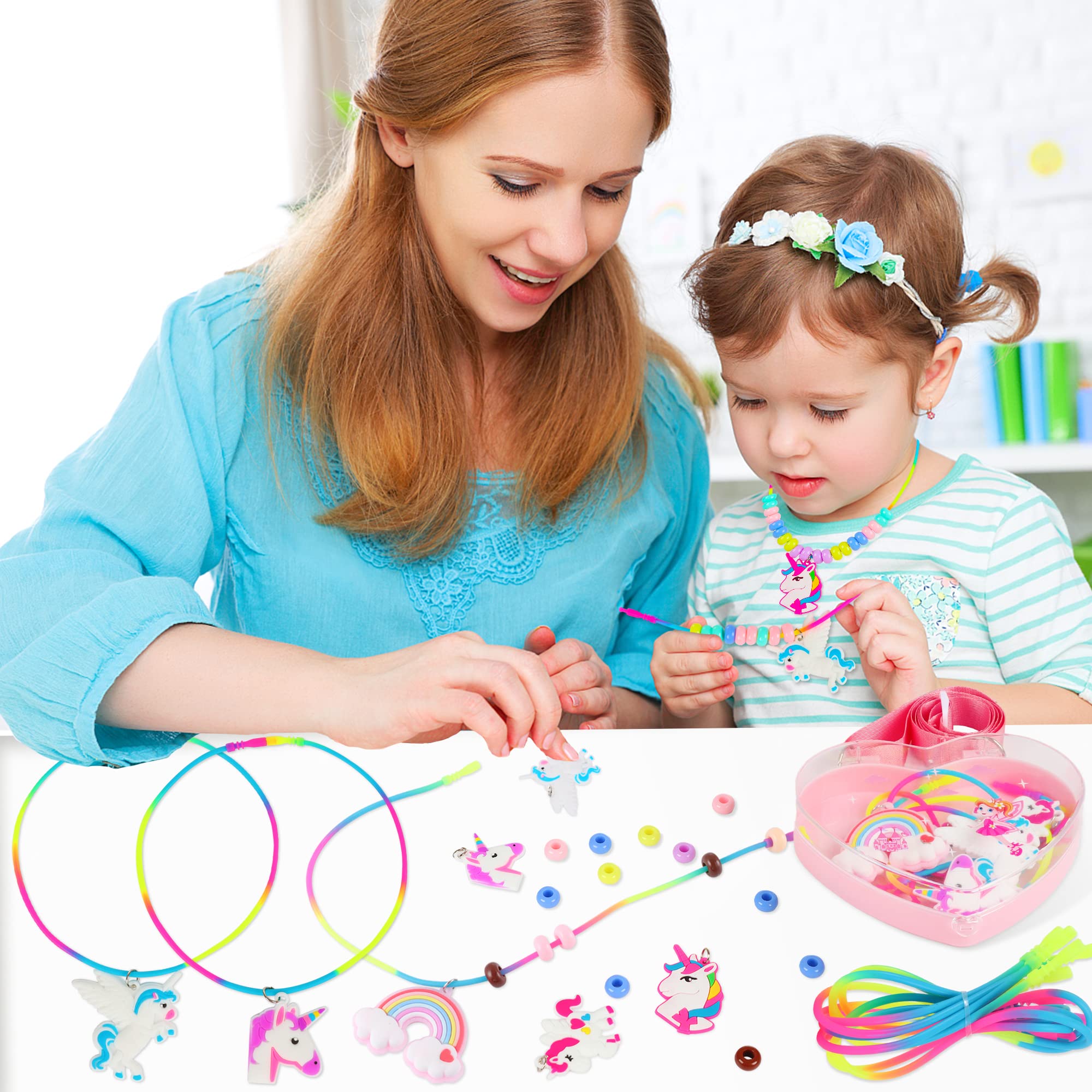 FLYINGSEEDS Unicorn Jewelry Making Kit, 5 Rubber Necklaces and Charms with 100 Big Holes Beads Toy Set, Beading Arts and Crafts, Ideal Gifts for Girls Preschoolers Toddlers Kids Age 3 4 5 6 7 8 9 10