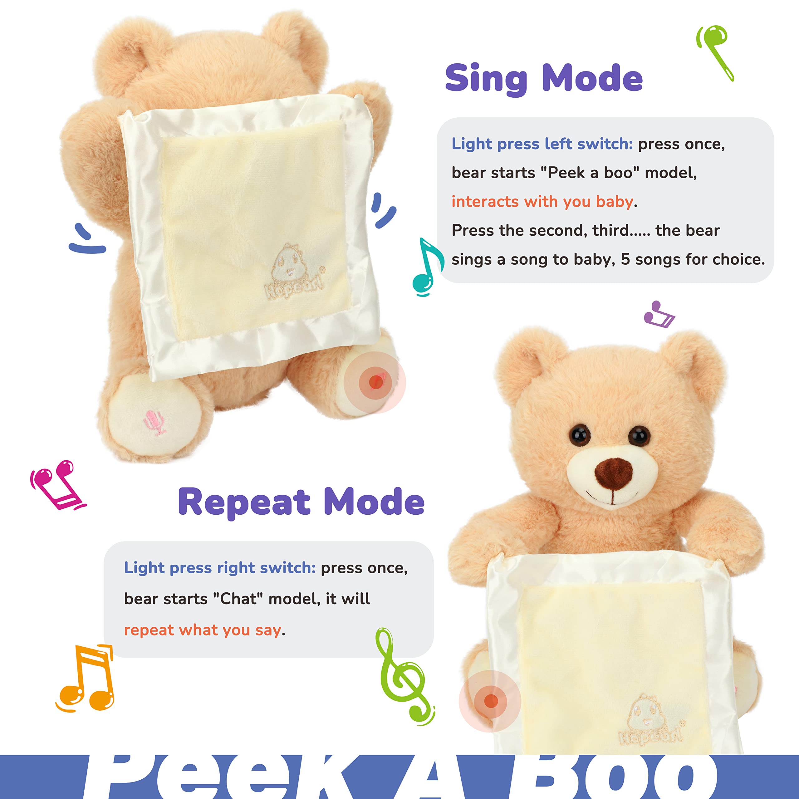 Hopearl Peek A Boo Bear with Security Blanket Interactive Repeats What You Say Plush Teddy Bear Toy Musical Singing Talking Stuffed Animal Adorable Electric Animate Birthday Festival, Beige, 11''