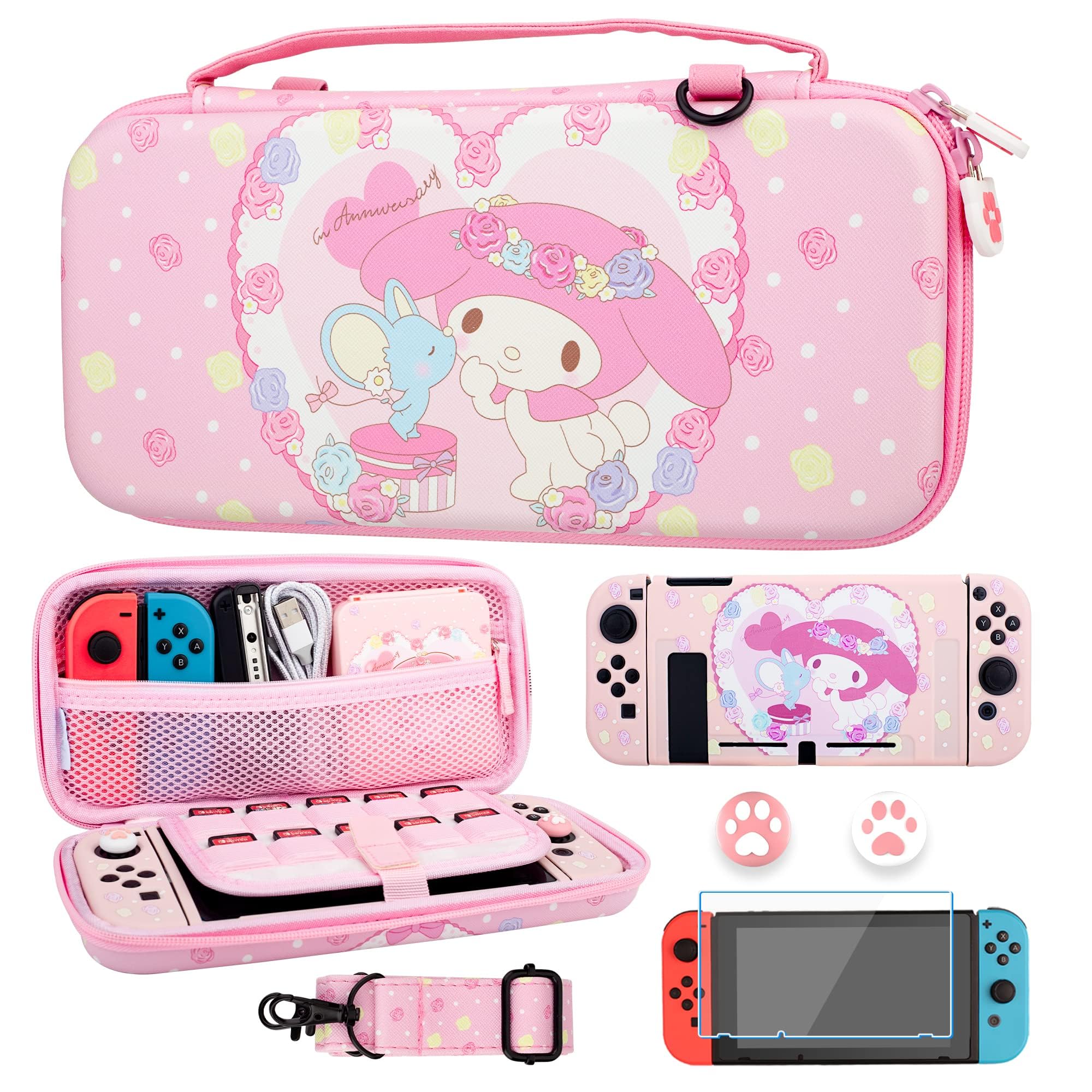 GLDRAM Pink Carrying Case for Nintendo Switch, Cute Anime Accessories Bundle for Cute Girl with Switch Travel Storage, Soft TPU Cover Shell, Screen Protector, Thumb Caps, Shoulder Strap for Girls