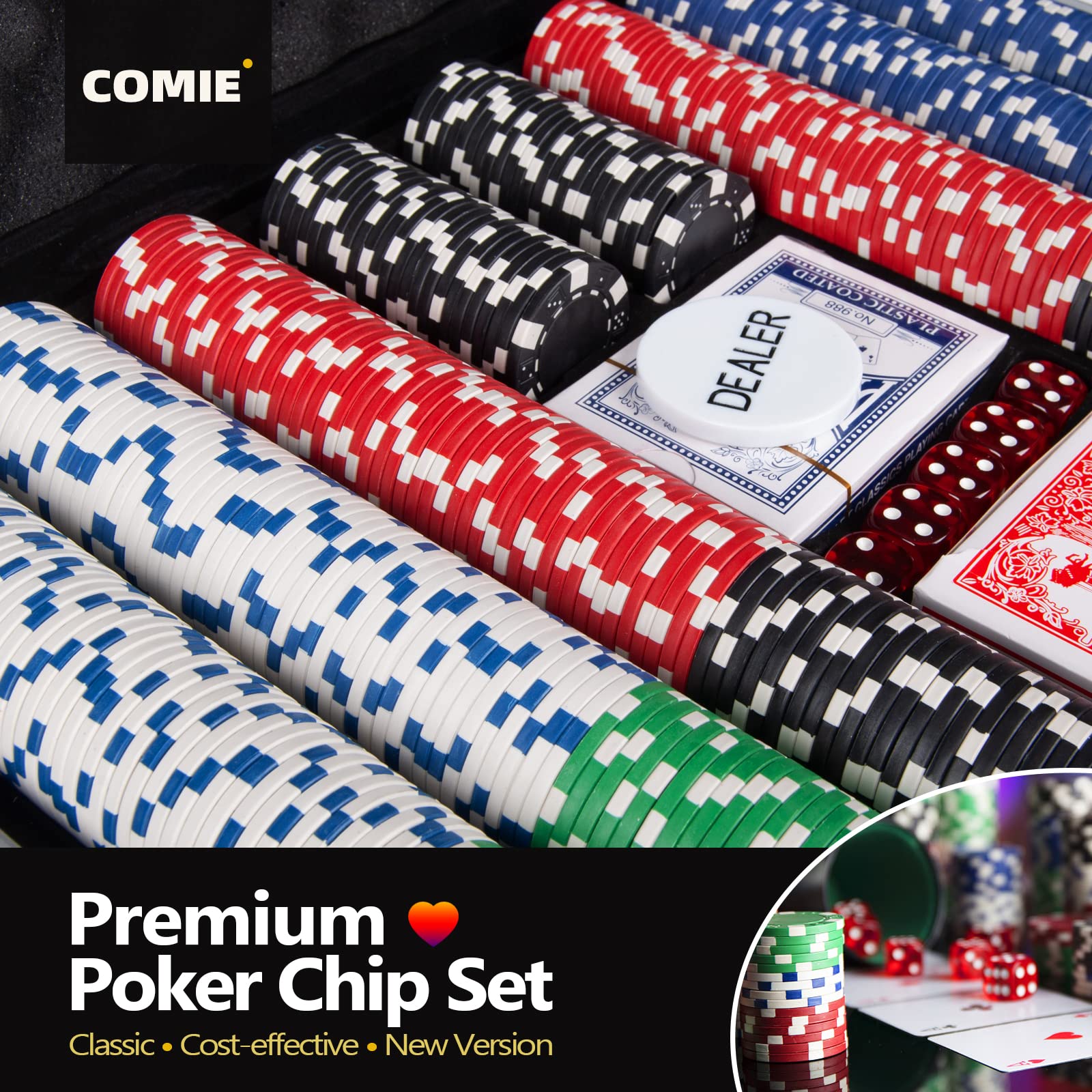 Comie Poker Chips,500PCS Poker Chip Set with Aluminum Travel Case,11.5 Gram Poker Set for Texas Holdem Blackjack Gambling