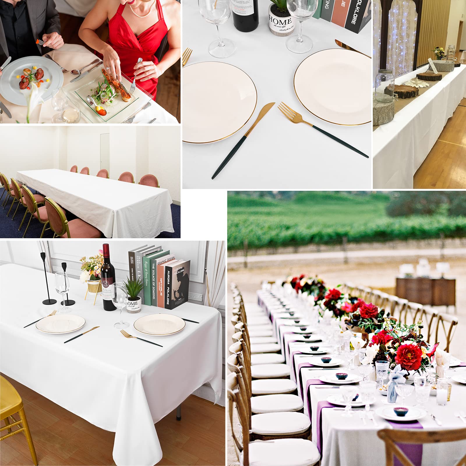 REWOMC 6 Pack Polyester Tablecloth 60 x 102 Inch White Polyester Table Cloth for 6 Foot Rectangle Tables, Stain and Wrinkle Resistant Washable Table Cover for Kitchen Wedding Banquet Restaurant Party