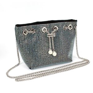 Hyuyikuwol Women Rhinestones Crystal Clutch Drawstring Bucket Bag Mini Evening Bags Crossbody Purses Pearl Party Prom Wedding, Blue