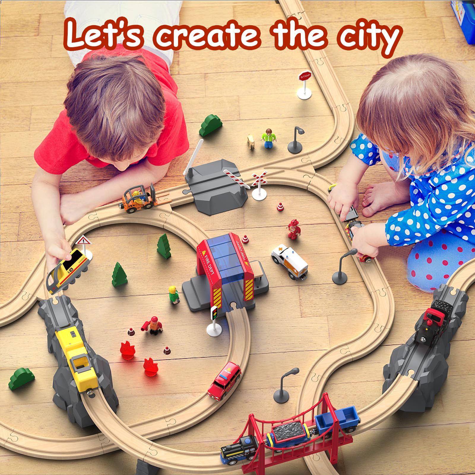 Giant bean 72PCS Wooden Train Tracks & Trains, Gift Packed Toy Railway Kits for Kids, Toddler Boys and Girls 3,4,5 Years Old and Up