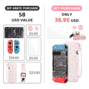 FANPL Cute Carrying Case Bundle for Nintendo Switch Case, Pink Switch Case Accessories Kit with Flower Hard Travel Case, Glitter Sakura PC Cover, Adjustable Strap, Screen Protector, Thumb Grip Caps