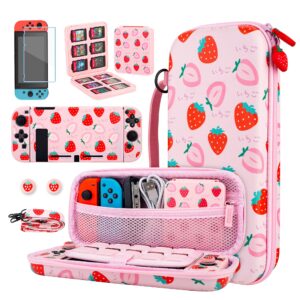 gldram pink strawberry carrying case bundle for nintendo switch accessories, cute travel case kit with soft tpu cover, game case, glass screen protector, thumb grip caps, shoulder strap for girls