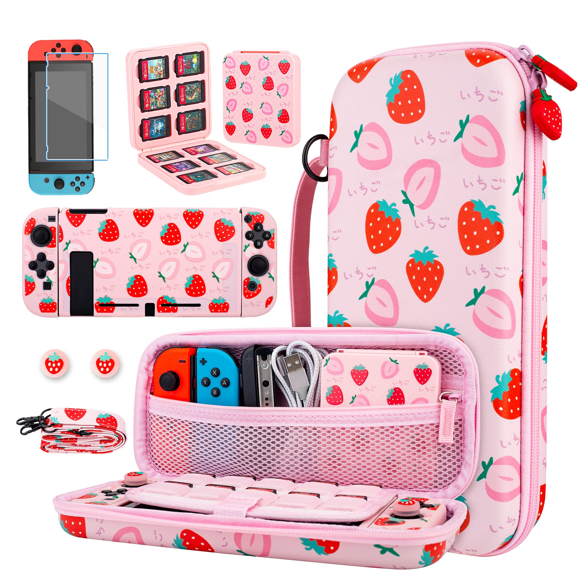 GLDRAM Pink Strawberry Carrying Case Bundle for Nintendo Switch Accessories, Cute Travel Case Kit with Soft TPU Cover, Game Case, Glass Screen Protector, Thumb Grip Caps, Shoulder Strap for Girls