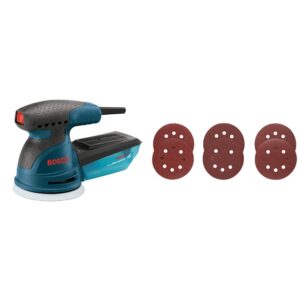 BOSCH ROS10 120 Volt Random Orbit Sander, Blue, 5&BOSCH SR5R000 6-Piece Assortment 5 In. 8 Hole Hook-And-Loop Sanding Discs