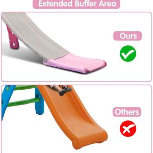 Kinbor 4 in 1 Toddler Slide Swing Set, Climber Slide Playground Baby Playset for Both Indoor & Outdoor with Basketball Hoop, Extra Long Slide & Easy Climb Stairs, Pink