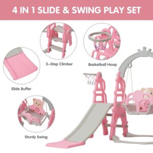 Kinbor 4 in 1 Toddler Slide Swing Set, Climber Slide Playground Baby Playset for Both Indoor & Outdoor with Basketball Hoop, Extra Long Slide & Easy Climb Stairs, Pink