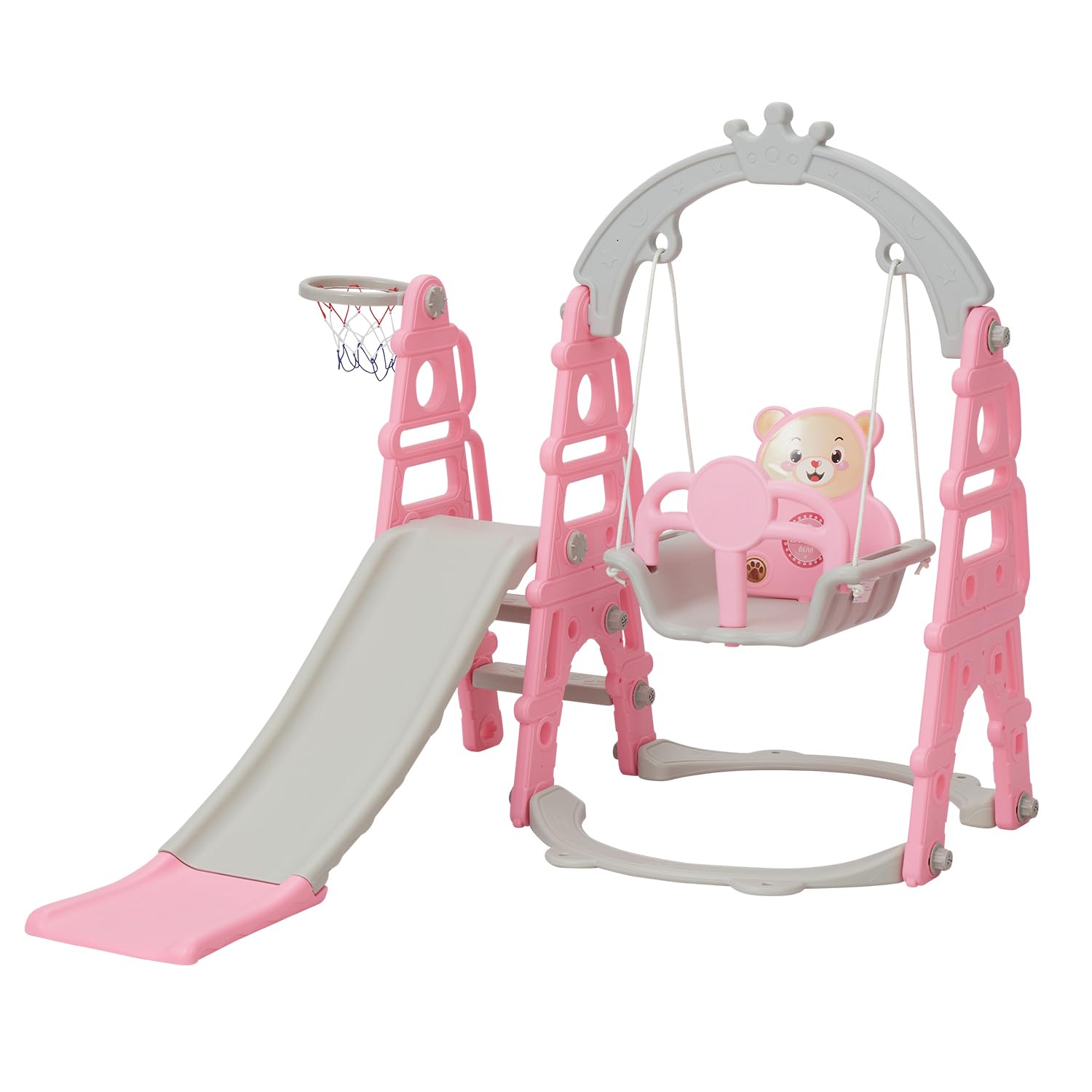 Kinbor 4 in 1 Toddler Slide Swing Set, Climber Slide Playground Baby Playset for Both Indoor & Outdoor with Basketball Hoop, Extra Long Slide & Easy Climb Stairs, Pink