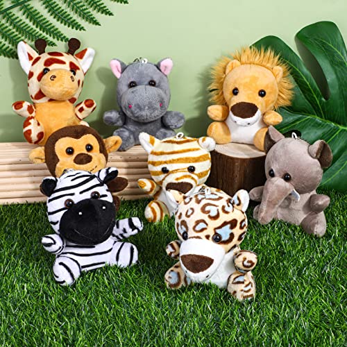 Elcoho 16 Pieces Safari Mini Stuffed Jungle Animal Set Small Stuffed Forest Animal 3.75 Inch Animal Keychain Plush Toys for Animal Themed Parties Kids Birthday(Sitting)