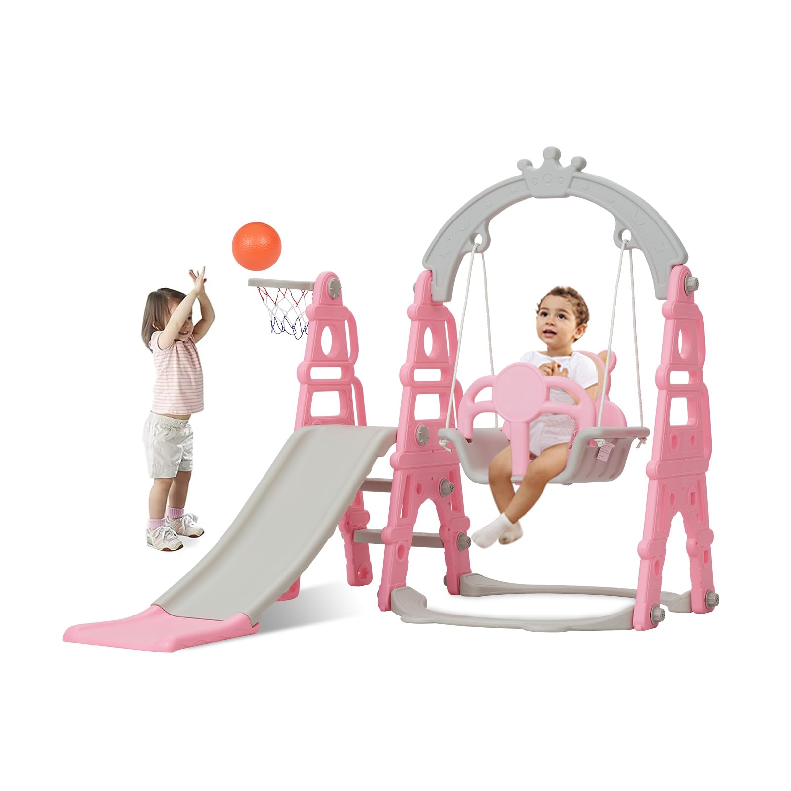 Kinbor 4 in 1 Toddler Slide Swing Set, Climber Slide Playground Baby Playset for Both Indoor & Outdoor with Basketball Hoop, Extra Long Slide & Easy Climb Stairs, Pink