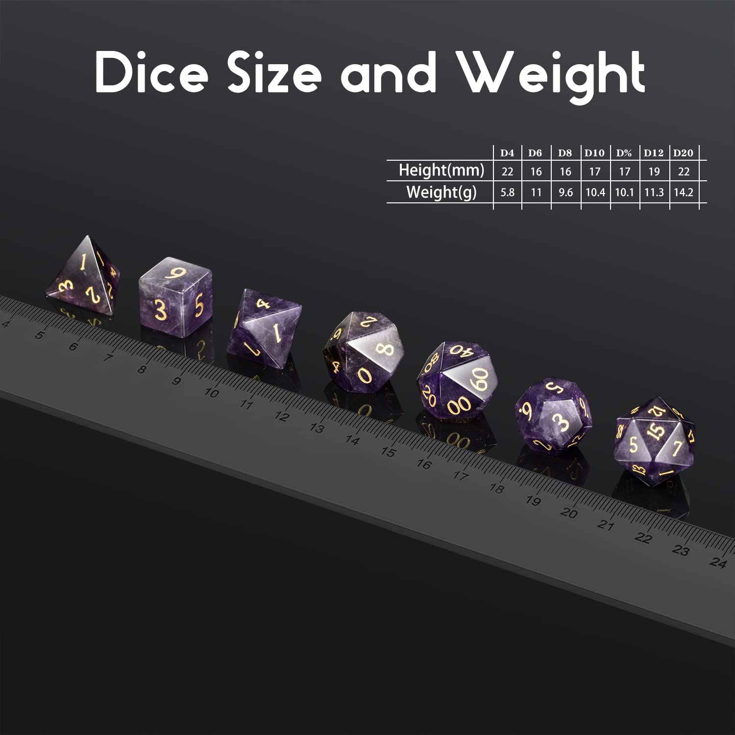 DNDND Amethyst Crystal DND Dice Set 7 PCS Gemstone D&D Dice with Grogeous Gift Case for Dungeons and Dragon Tabletop Game (Amethyst)