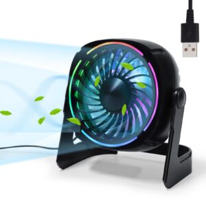 heroplus rgb small usb desk fan, 6 inch small fan with 8 light modes, mini usb fan with 3 speeds, 60 inch cord, 360° rotation, quiet operation, portable desk fan for rooms, offices, car, travel