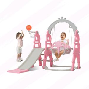 Kinbor 4 in 1 Toddler Slide Swing Set, Climber Slide Playground Baby Playset for Both Indoor & Outdoor with Basketball Hoop, Extra Long Slide & Easy Climb Stairs, Pink