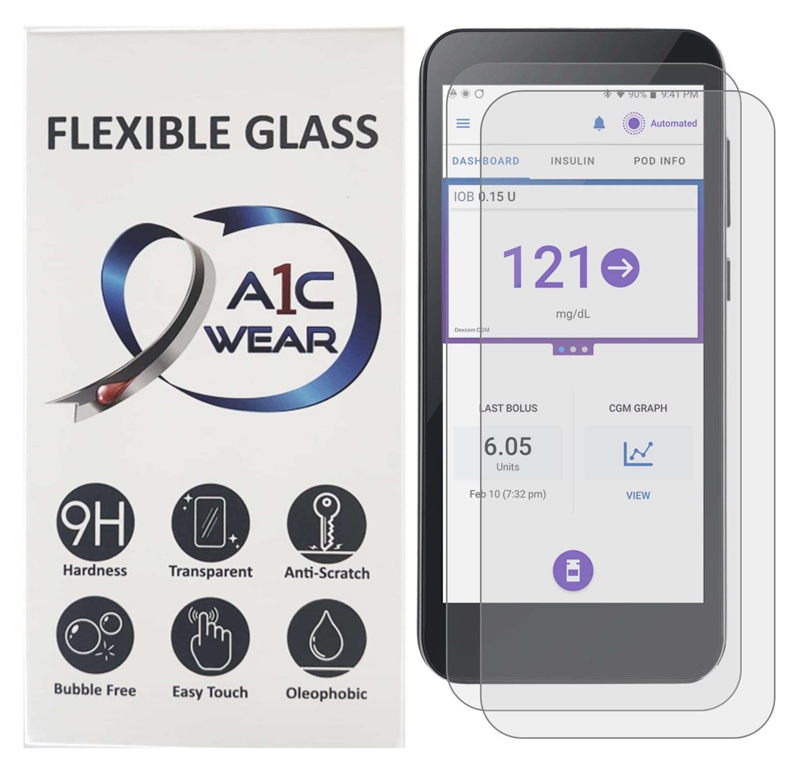 A1C WEAR - 9H Flexible Glass Screen Protector for Omnipod 5 Receiver PDM - Won't Crack or Chip - Anti-Scratch Anti-Fingerprint - 2 Pack