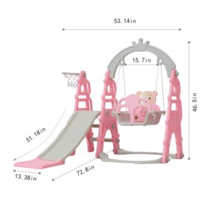 Kinbor 4 in 1 Toddler Slide Swing Set, Climber Slide Playground Baby Playset for Both Indoor & Outdoor with Basketball Hoop, Extra Long Slide & Easy Climb Stairs, Pink