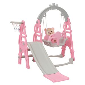 Kinbor 4 in 1 Toddler Slide Swing Set, Climber Slide Playground Baby Playset for Both Indoor & Outdoor with Basketball Hoop, Extra Long Slide & Easy Climb Stairs, Pink