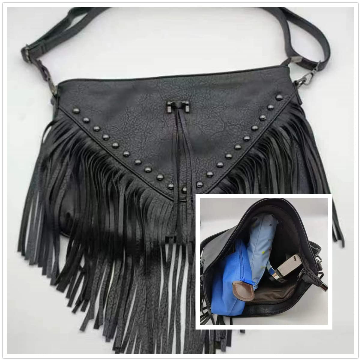 IAMUHI Casual Rivets Fringed Shoulder Handbag for Women/Girls,Soft Vegan Leather Hippie Crossbody Purse Bag Black