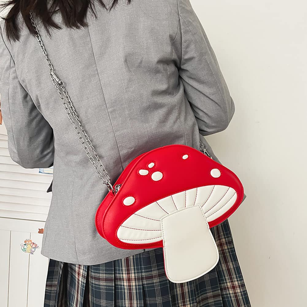 Women Cute Mushroom Shoulder Messenger Bag, Fun PU Leather Crossbody Bag Tote Bag Chain Handbag Purse (Red)