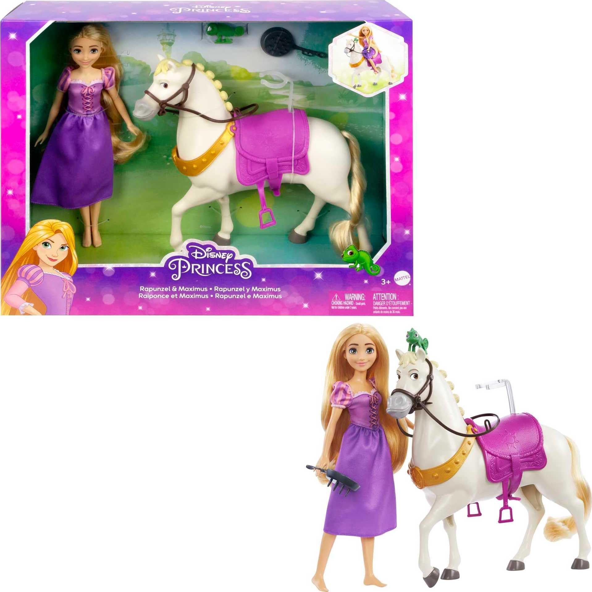 Mattel Disney Princess Toys, Rapunzel Fashion Doll & Maximus Horse Set with Saddle, Brushable Tail, Styling Accessories & Pascal Figure