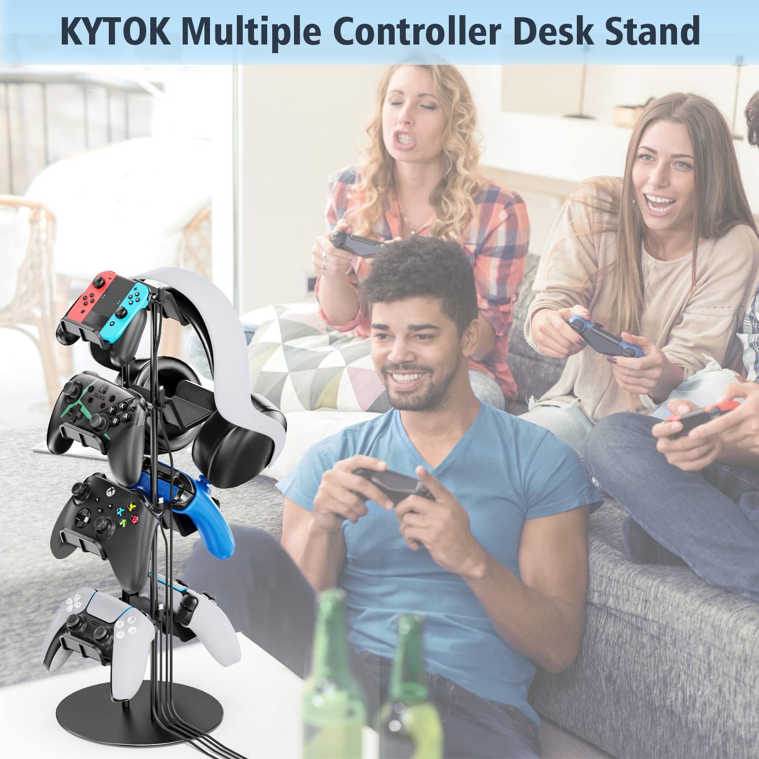 Kytok Controller Stand 4 Tiers with Cable Organizer for Desk, Universal Headphone Stand Compatible with Xbox PS5 PS4 Nintendo Switch, Headset Holder & Desk Mounts for 8 Packs Controller